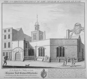South-east prospect of the Church of St Peter-le-Poer, City of London, 1736. Artist