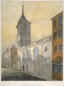 Pearson Prints: South-east view of the Church of St Margaret Lothbury, City of London, 1815