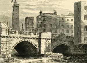 Shot Tower Prints: South End of Old London Bridge, with Shot Tower and St. Olaves Church, in 1820, (c1878)