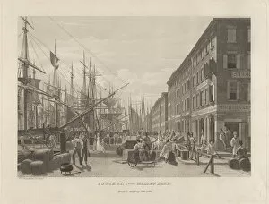 Grocers Gallery: South Street from Maiden Lane, New York, in 1828, 1834. Creator: William James Bennett