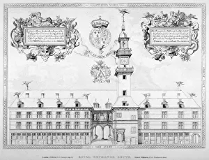 Sir Thomas Prints: South view of the first Royal Exchange with coats of arms above, City of London, 1819