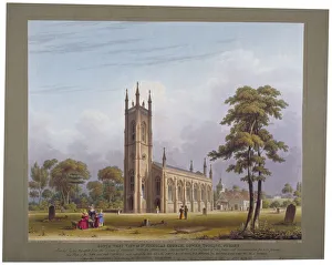 Atkinson Prints: South-west view of St Nicholas Church, Tooting, London, 1832