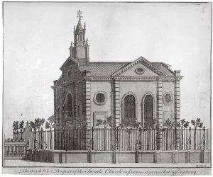 Stepney Prints: South-west view of the Swedish Church, Princes Square, Stepney, London, c1750. Artist