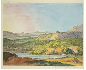 Shore Prints: Southern landscape by the sea with wooded hills and a body of water in the foreground
