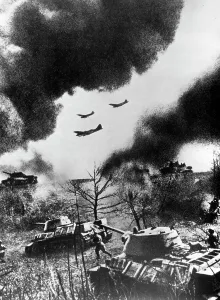 Advancing Prints: Soviet tanks and aircraft launching an attack, Russia, 1943