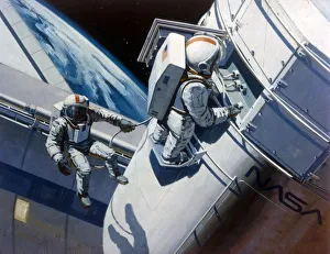 Extravehicular Activity Prints: Space Shuttle - artists concept of spacewalk, 1980s. Creator: NASA
