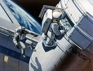 Orbiter Gallery: Space Shuttle - artists concept of spacewalk, 1980s. Creator: NASA