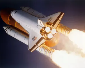 Rocket Prints: Space Shuttle Atlantis launching from Kennedy Space Center, USA, 1980s. Creator: NASA