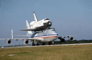 Spacecraft Prints: Space Shuttle atop Boeing 747, Kennedy Space Center, Florida, USA, 1980s. Creator: NASA