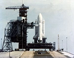 John F Kennedy Space Center Collection: Space Shuttle Orbiter on launch pad on launch pad, Kennedy Space Center, Florida, USA, 1980s