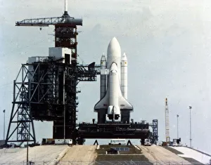 John F Kennedy Space Center Collection: Space Shuttle Orbiter on launch pad on launch pad, Kennedy Space Center, Florida, USA, 1980s