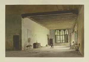 Machine Prints: Spacious, sparsely furnished room with three spinning wheels