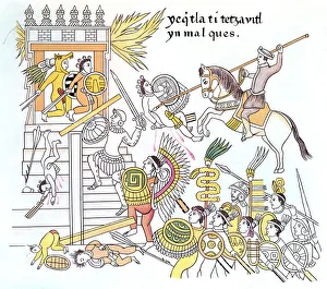 Mexican Prints: Spanish conquistadors with their native Tlazcalan allies attacking an Aztec temple