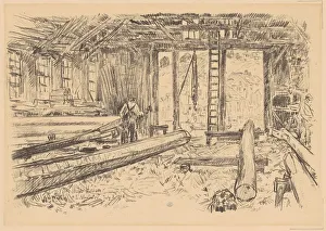 Lumber Mill Prints: The Spar Shop, Gloucester, 1918. Creator: Frederick Childe Hassam