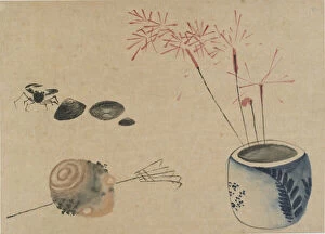 Shells Gallery: Sparklers, crab and bulb, late 18th-early 19th century. Creator: Hokusai