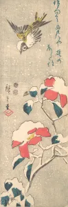 Hiroshige Prints: Sparrow and Snow-covered Camellia (Tsubaki), ca. 1845. ca. 1845. Creator: Ando Hiroshige