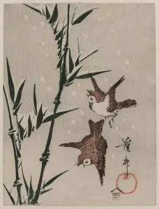 Keisai Eisen Prints: Sparrows, Bamboo and Falling Snow, c