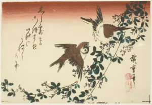 Sparrows Prints: Sparrows and bush clover, 1830s. Creator: Ando Hiroshige