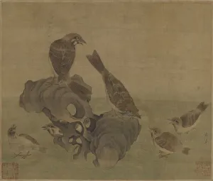 Sparrows feeding their young, Ming or Qing dynasty, (17th century?). Creator: Unknown Sparrows feeding their young, Ming or Qing dynasty, (17th century?). Creator: Unknown