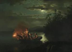 Moonlit Prints: Spear Fishing on Lake Kroderen, 1851. Creator: Adolph Tidemand