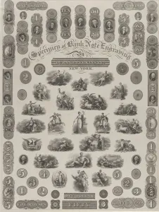 Banknote Prints: Specimen Sheet of Bank Note Engraving, ca. 1828. Creator: Asher Brown Durand