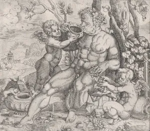 Bonasone Prints: Speculum Romanae Magnificentiae: Bacchus, Seated, Drinking from a Vase Presented b