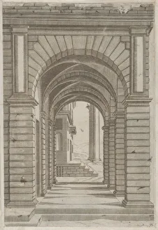 Speculum Romanae Magnificentiae: Front of a Building seen sideways through an arca