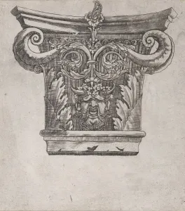 Speculum Romanae Magnificentiae: Capital with peapod volutes and satyr head, ca. 1537