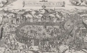 Speculum Romanae Magnificentiae: Carnival games held in the Mount Testaccio in Rome, 1558