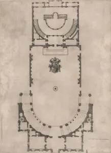 Speculum Romanae Magnificentiae: Ground plan of a building with the arms of Pope J