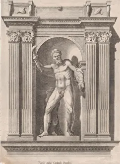 Speculum Romanae Magnificentiae: Sculpture of a faun standing in a niche after a s
