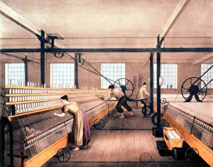 Textile Mill Prints: Spinning cotton with self-acting mules of the type devised by Richard Roberts in 1825 (c1835)