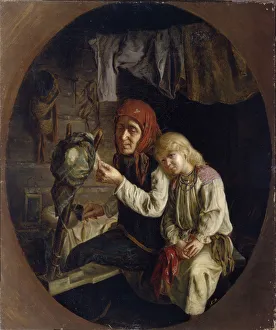 Spinner Prints: Spinning lesson, 1859. Artist: Myasoedov, Grigori Grigoryevich (1834-1911)
