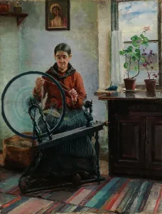 Spinning Prints: At the Spinning Wheel, 1888. Creator: Ada Thilen