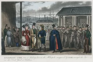 Splendid Jem amongst the convicts in the Naval Dock Yard at Chatham, Kent, 1821. Artist: Isaac Robert Cruikshank