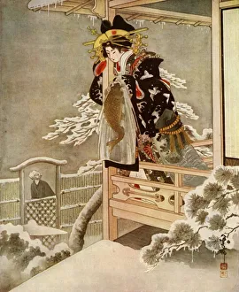 Simpkin Prints: As she spoke, Urasato leaned far out over the balcony... 1919. Creator: Unknown