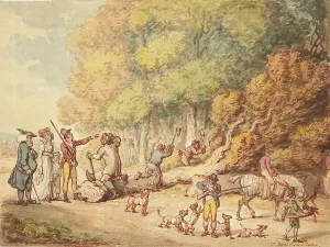 Hunting Dogs Prints: A Sportsman With His Family Instructing Woodmen To Chop Up A Felled Tree