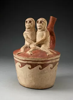 Embracing Gallery: Spout Vessel Depicting Two Skeletal Figures in Erotic Scene Attached to Handle, 100 B.C