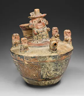 Spouted Bottle with Modeled Scene Depicting a Drinking Ceremony or Offering RItual, A.D Spouted Bottle with Modeled Scene Depicting a Drinking Ceremony or Offering RItual, A.D