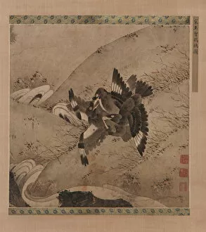 Brook Collection: Squabbling Mynas above a Brook, Ming dynasty, 15th-16th century. Creator: Unknown