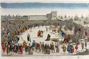 Inquisition Collection: Square with the audience watching an execution The quemadero, colored engraving