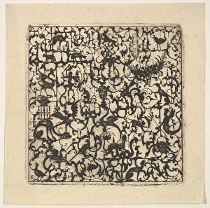 Blackwork Prints: Square Blackwork Design in Silhouette Style with Schweifwerk and Grotesque Figures, 1617