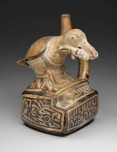 Square Handle Spout Vessel with Form of a Bird Eating a Lizard, 100 B. C. / A. D. 500