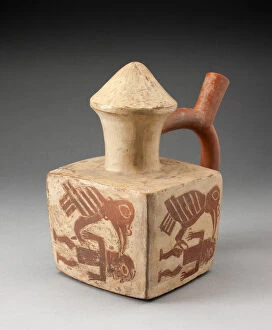 Square Handle Spout Vessel with Image of a Man Attacked by a Bird, 100 B.C./A.D. 500