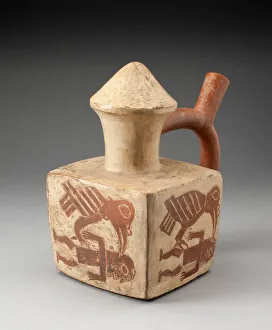 Violence Gallery: Square Handle Spout Vessel with Image of a Man Attacked by a Bird, 100 B.C. / A.D. 500