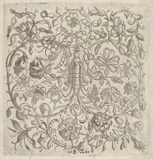 Square Panel with Vegetal Scrollwork, Flowers and Fruits, 1581. Creator: Bernhard Zan