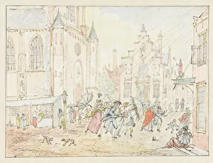 Square with people in the rain, 1782-1837. Creator: Pieter Bartholomeusz. Barbiers