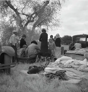 Possessions Prints: Squatters along highway near Bakersfield, California, 1935. Creator: Dorothea Lange
