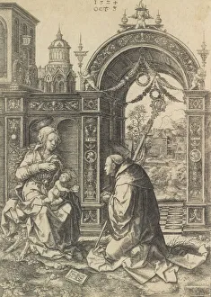 St Bernard Prints: St. Bernard Adoring the Christ Child, October 5, 1524. Creator: Dirck Vellert