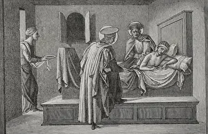 St Cosmas and St Damian visiting a sick person and administering aid, 1877. Creator: Jules Jean Marie Joseph Huyot